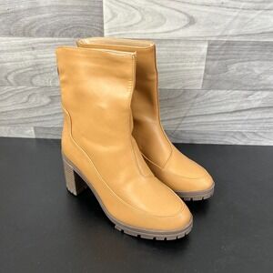 ZBY Heeled Boots Women's‎ 7.5 Tan Faux Leather Chunky Block High Heel Back Zip